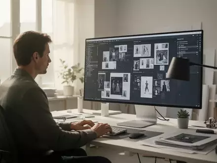 Ein Grafikdesigner arbeitet an einem hellen, modernen Arbeitsplatz an einem großen Monitor bei der professionellen Bildbearbeitung. - Foto: über boerse-global.de