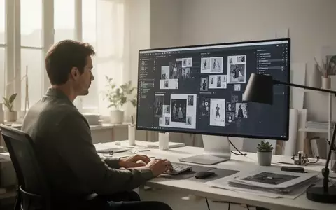 Ein Grafikdesigner arbeitet an einem hellen, modernen Arbeitsplatz an einem großen Monitor bei der professionellen Bildbearbeitung. - Foto: über boerse-global.de
