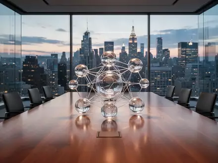 Abstraktes Modell vernetzter Glaskugeln auf einem Konferenztisch in einem modernen Bürogebäude mit Stadtansicht. - Foto: über boerse-global.de