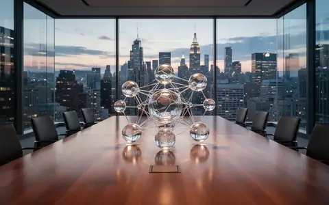 Abstraktes Modell vernetzter Glaskugeln auf einem Konferenztisch in einem modernen Bürogebäude mit Stadtansicht. - Foto: über boerse-global.de