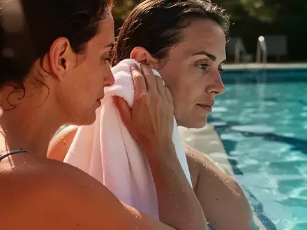 Eine Person trocknet sich nach dem Schwimmen im Freibad vorsichtig das Ohr mit einem Handtuch ab. - Foto: über boerse-global.de