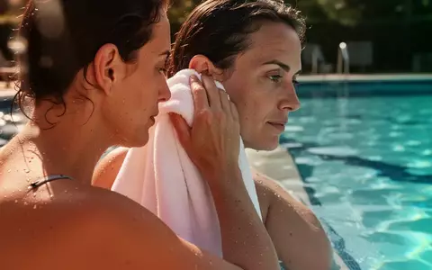 Eine Person trocknet sich nach dem Schwimmen im Freibad vorsichtig das Ohr mit einem Handtuch ab. - Foto: über boerse-global.de