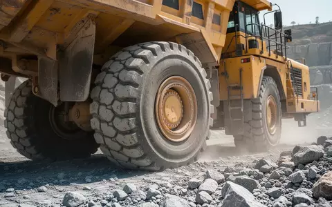 Ein großer Muldenkipper in einem Steinbruch mit Fokus auf das robuste Reifenprofil. - Foto: über boerse-global.de