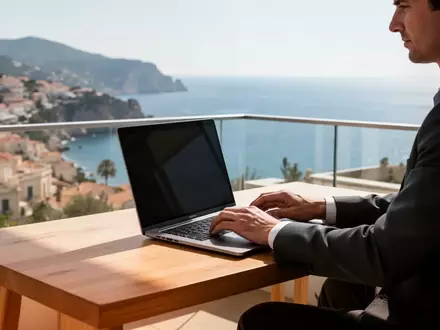Eine Person arbeitet an einem Laptop auf einem sonnigen Balkon mit Blick auf das Meer als Symbol für Workation. - Foto: über boerse-global.de
