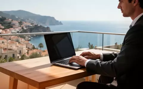 Eine Person arbeitet an einem Laptop auf einem sonnigen Balkon mit Blick auf das Meer als Symbol für Workation. - Foto: über boerse-global.de