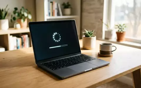 Ein aufgeklappter Laptop auf einem minimalistischen Schreibtisch in einem hellen Büro während eines Systemwiederherstellungsprozesses. - Foto: über boerse-global.de