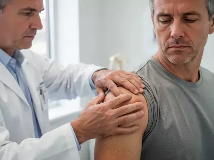 Ein Orthopäde untersucht während eines Arzttermins die Schulter eines Patienten in einer modernen Praxis. - Foto: über boerse-global.de