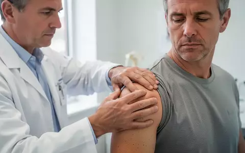 Ein Orthopäde untersucht während eines Arzttermins die Schulter eines Patienten in einer modernen Praxis. - Foto: über boerse-global.de