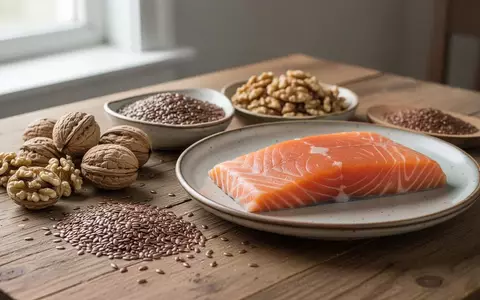 Eine Auswahl an gesunden Lebensmitteln wie Walnüsse, Leinsamen und Lachs auf einem Holztisch bei natürlichem Licht. - Foto: über boerse-global.de