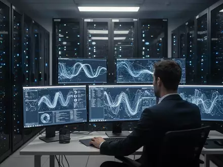 Ein IT-Sicherheitsexperte arbeitet in einem modernen, blau beleuchteten Serverraum an der Überwachung von Netzwerksystemen. - Foto: über boerse-global.de