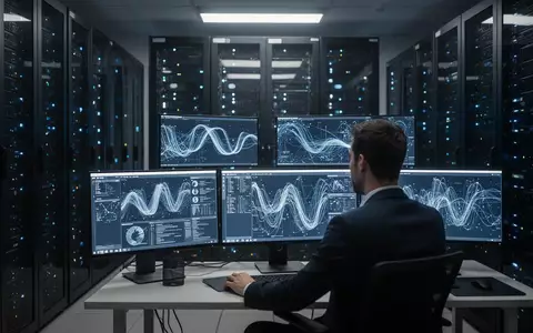 Ein IT-Sicherheitsexperte arbeitet in einem modernen, blau beleuchteten Serverraum an der Überwachung von Netzwerksystemen. - Foto: über boerse-global.de