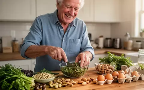 Ein älterer Mann bereitet in einer hellen Küche eine gesunde Mahlzeit mit proteinreichen Lebensmitteln zu. - Foto: über boerse-global.de