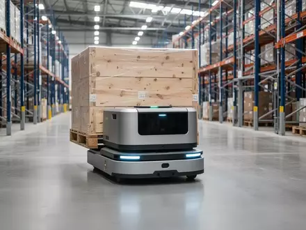 Ein autonomer Industrieroboter transportiert eine Palette in einem modernen Lagerhaus. - Foto: über boerse-global.de