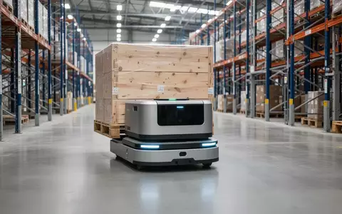 Ein autonomer Industrieroboter transportiert eine Palette in einem modernen Lagerhaus. - Foto: über boerse-global.de