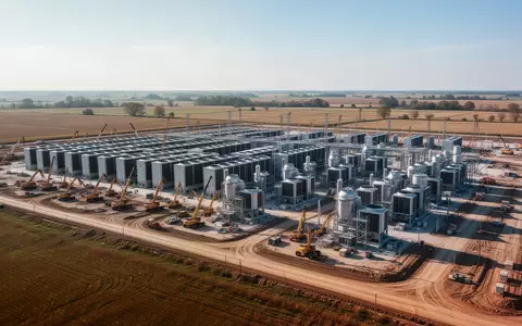 Ein großflächiges Rechenzentrum im Bau mit moderner Infrastruktur und Industrieanlagen in einer weiten Landschaft. - Foto: über boerse-global.de