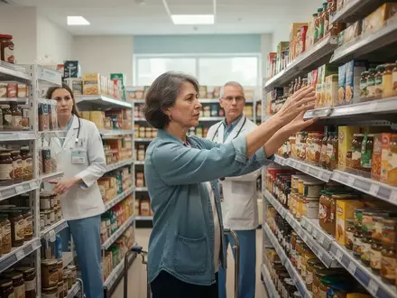Ein Patient übt in einem therapeutischen Supermarkt-Trainingsraum unter Anleitung die Greifbewegung nach Waren im Regal. - Foto: über boerse-global.de