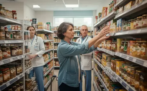Ein Patient übt in einem therapeutischen Supermarkt-Trainingsraum unter Anleitung die Greifbewegung nach Waren im Regal. - Foto: über boerse-global.de