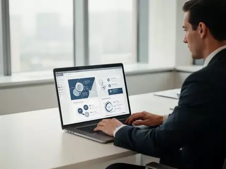 Eine Person arbeitet an einem Laptop in einem modernen, hellen Büro an einer professionellen Präsentation. - Foto: über boerse-global.de