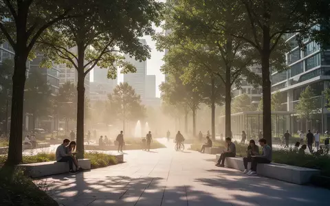 Ein moderner Stadtpark während einer Hitzewelle mit Menschen, die im Schatten von Bäumen Schutz vor der Sonne suchen. - Foto: über boerse-global.de