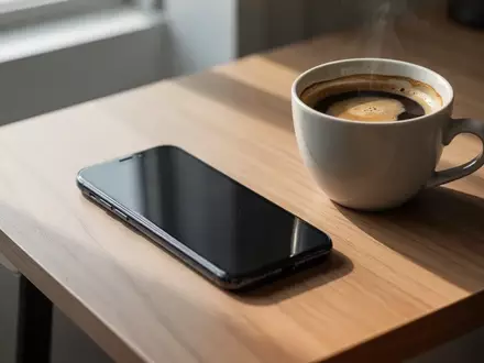 Ein Smartphone auf einem Holztisch in einem modernen Büro bei natürlichem Lichteinfall. - Foto: über boerse-global.de
