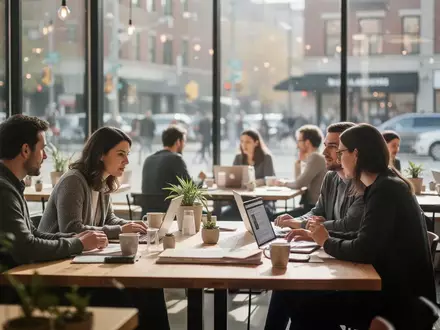 Menschen arbeiten an Laptops und führen Gespräche in einem hellen, modernen Co-Working-Café. - Foto: über boerse-global.de