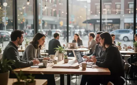 Menschen arbeiten an Laptops und führen Gespräche in einem hellen, modernen Co-Working-Café. - Foto: über boerse-global.de