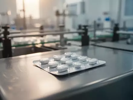 Ein Blister mit Tabletten liegt auf einer Edelstahloberfläche in einer sterilen Produktionsumgebung. - Foto: über boerse-global.de