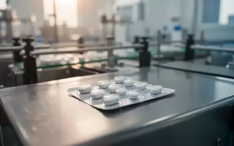 Ein Blister mit Tabletten liegt auf einer Edelstahloberfläche in einer sterilen Produktionsumgebung. - Foto: über boerse-global.de