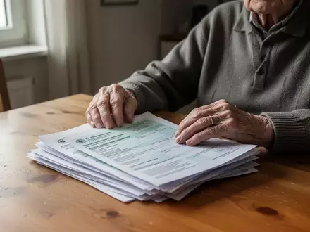 Eine ältere Person sitzt an einem Holztisch und prüft Rentenunterlagen in einem hellen, natürlich beleuchteten Raum. - Foto: über boerse-global.de