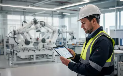 Fachkraft für Arbeitssicherheit bei der Arbeit mit einem Tablet in einem modernen industriellen Büro. - Foto: über boerse-global.de