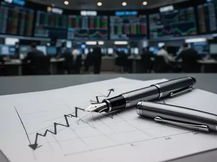 Ein hochwertiger Füllfederhalter liegt auf einem Blatt Papier mit einer handgezeichneten fallenden Kursgrafik. - Foto: über boerse-global.de