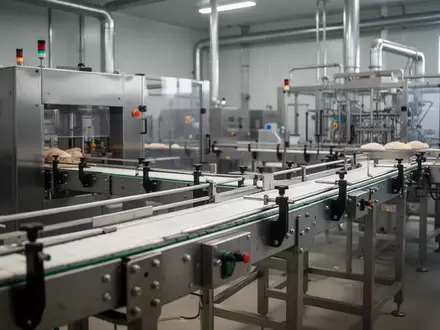 Moderne, leere Industriehalle einer Lebensmittelproduktion mit Edelstahlmaschinen und Förderbändern. - Foto: über boerse-global.de