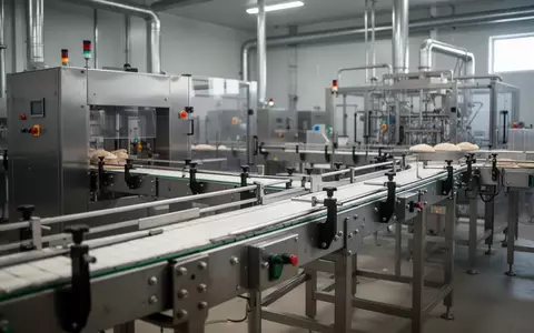 Moderne, leere Industriehalle einer Lebensmittelproduktion mit Edelstahlmaschinen und Förderbändern. - Foto: über boerse-global.de