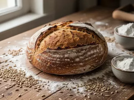 Ein rustikaler, frisch gebackener Sauerteiglaib auf einem bemehlten Holztisch, umgeben von Getreidekörnern. - Foto: über boerse-global.de