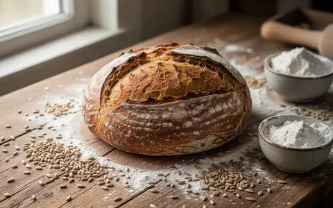 Ein rustikaler, frisch gebackener Sauerteiglaib auf einem bemehlten Holztisch, umgeben von Getreidekörnern. - Foto: über boerse-global.de