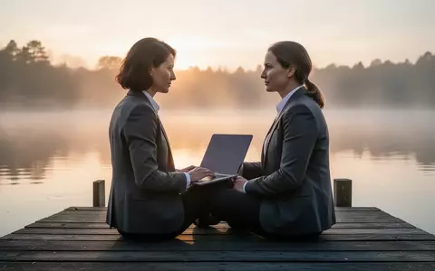 Eine Person sitzt mit einem zugeklappten Laptop auf einem Holzsteg an einem See im Sonnenaufgang. - Foto: über boerse-global.de