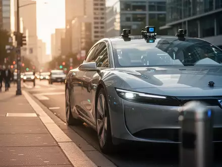 Ein autonomes Fahrzeug parkt am Bordstein einer belebten Stadtstraße bei Tageslicht. - Foto: über boerse-global.de