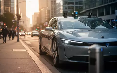 Ein autonomes Fahrzeug parkt am Bordstein einer belebten Stadtstraße bei Tageslicht. - Foto: über boerse-global.de