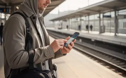 Ein Reisender nutzt sein Smartphone auf einem sonnigen Bahnsteig, um eine digitale Transaktion durchzuführen. - Foto: über boerse-global.de