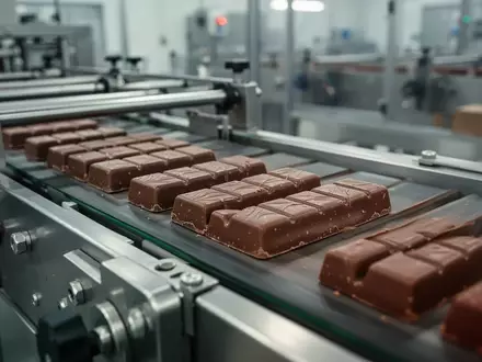 Moderne Produktionsanlage in einer Süßwarenfabrik mit Schokoriegeln auf einem Förderband. - Foto: über boerse-global.de