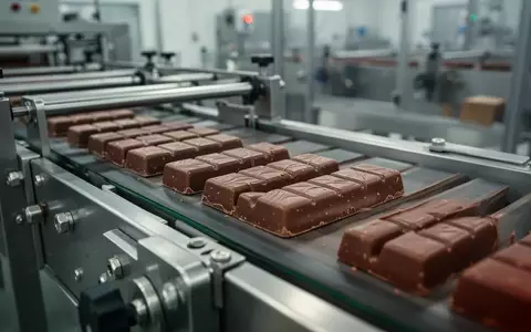 Moderne Produktionsanlage in einer Süßwarenfabrik mit Schokoriegeln auf einem Förderband. - Foto: über boerse-global.de