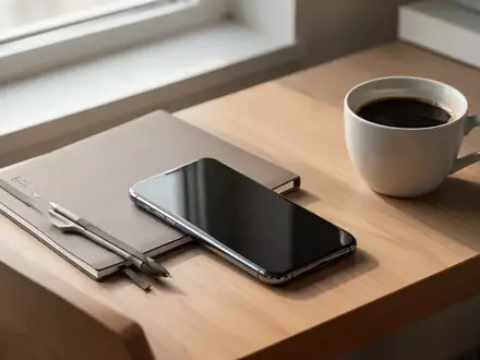 Ein modernes Smartphone liegt auf einem hölzernen Schreibtisch neben einem Notizbuch und einer Tasse Kaffee. - Foto: über boerse-global.de