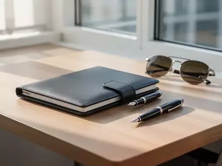 Ein aufgeräumter moderner Schreibtisch mit einem Notizbuch und einer Sonnenbrille bei natürlichem Tageslicht. - Foto: über boerse-global.de