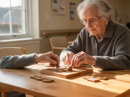 Ein älterer Mensch löst konzentriert ein Puzzle an einem hellen Holztisch in einem freundlichen Gemeinschaftsraum. - Foto: über boerse-global.de