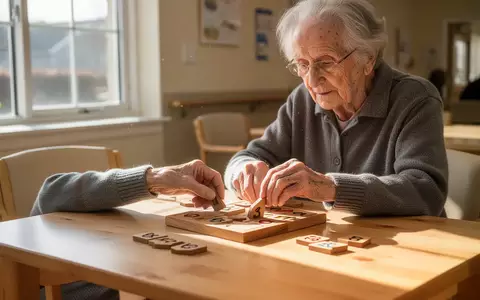 Ein älterer Mensch löst konzentriert ein Puzzle an einem hellen Holztisch in einem freundlichen Gemeinschaftsraum. - Foto: über boerse-global.de