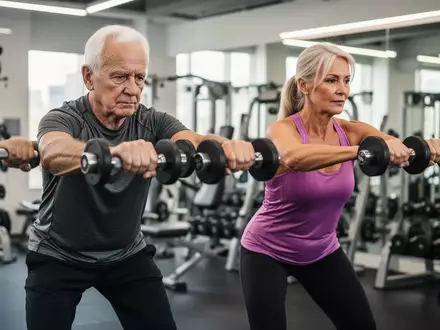 Ein aktives älteres Paar beim Krafttraining mit Hanteln in einem modernen Fitnessstudio. - Foto: über boerse-global.de