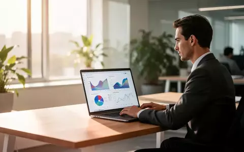 Eine konzentrierte Fachkraft arbeitet in einem modernen, hellen Büro an einem Laptop mit Datenvisualisierungen. - Foto: über boerse-global.de