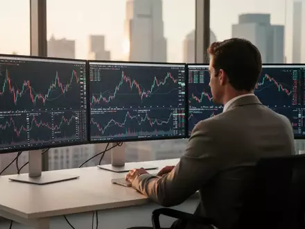 Ein professioneller Trader an einem minimalistischen Schreibtisch vor Monitoren mit abstrakten Finanzmarktdaten. - Foto: über boerse-global.de