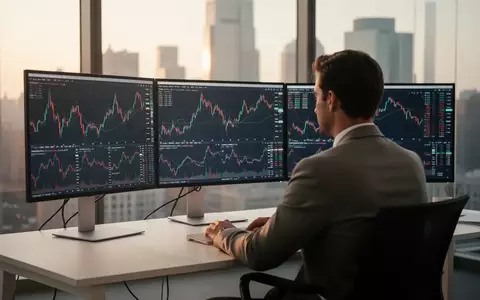 Ein professioneller Trader an einem minimalistischen Schreibtisch vor Monitoren mit abstrakten Finanzmarktdaten. - Foto: über boerse-global.de