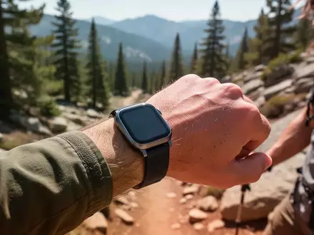 Eine Person trägt beim Wandern auf einem sonnigen Bergpfad eine Smartwatch am Handgelenk. - Foto: über boerse-global.de